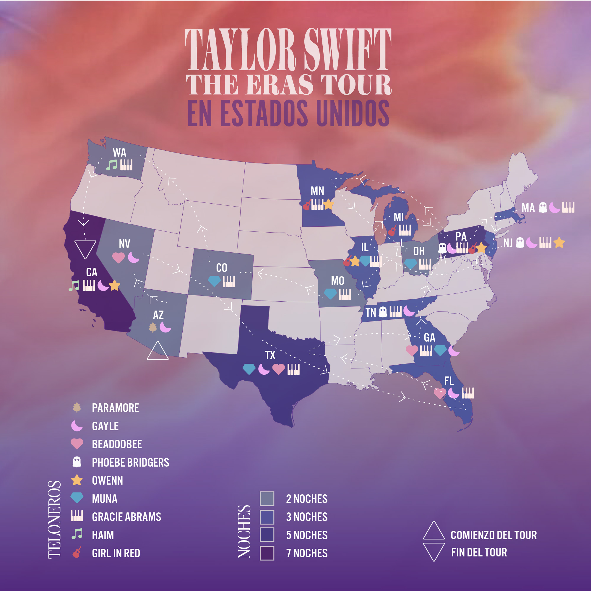 Infografía Mapa Taylor Swift Eras Tour